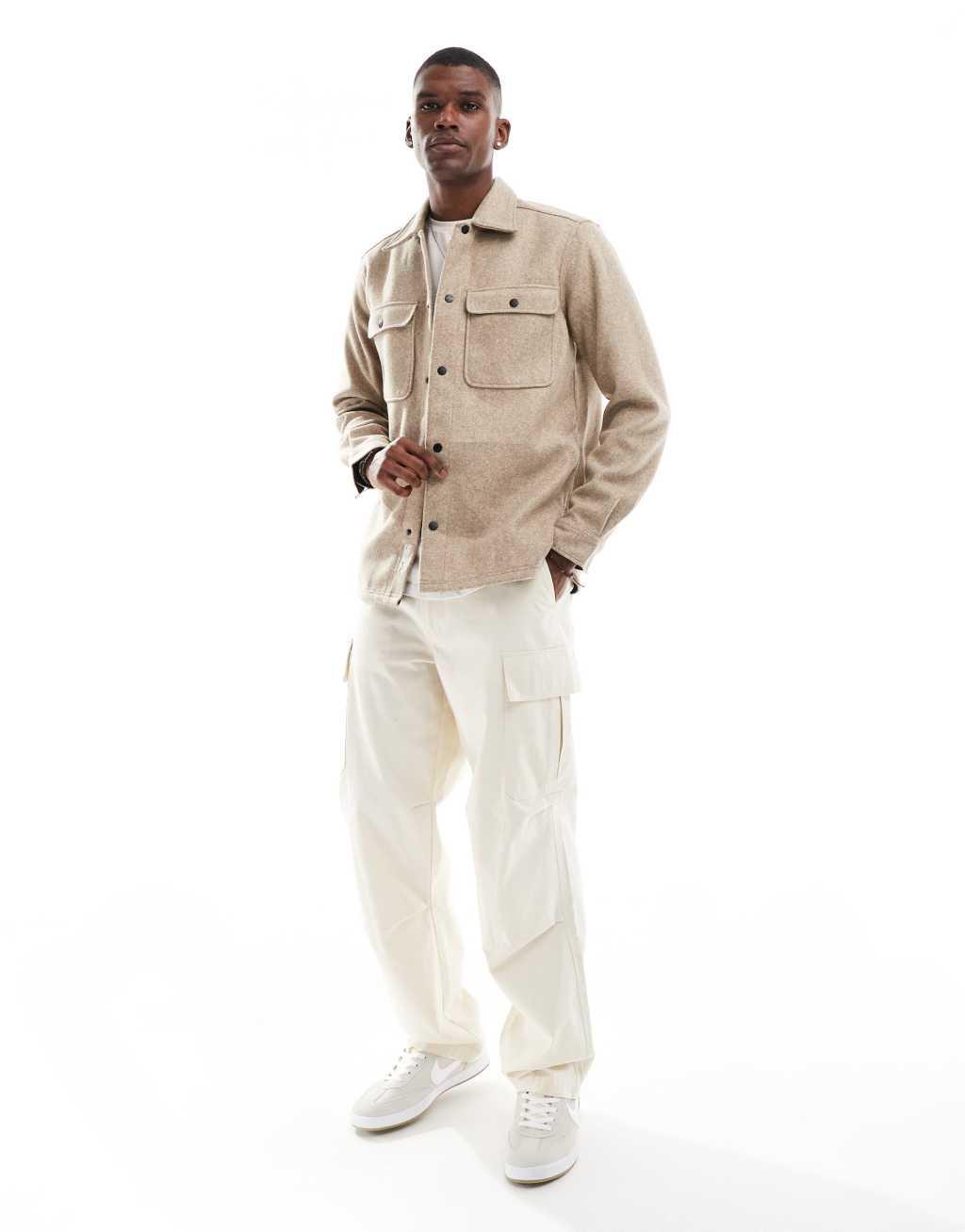 ONLY & SONS wool look overshirt in beige Product Image