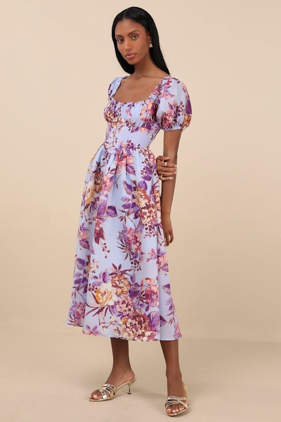 Adorable Tendencies Periwinkle Floral Puff Sleeve Midi Dress Product Image