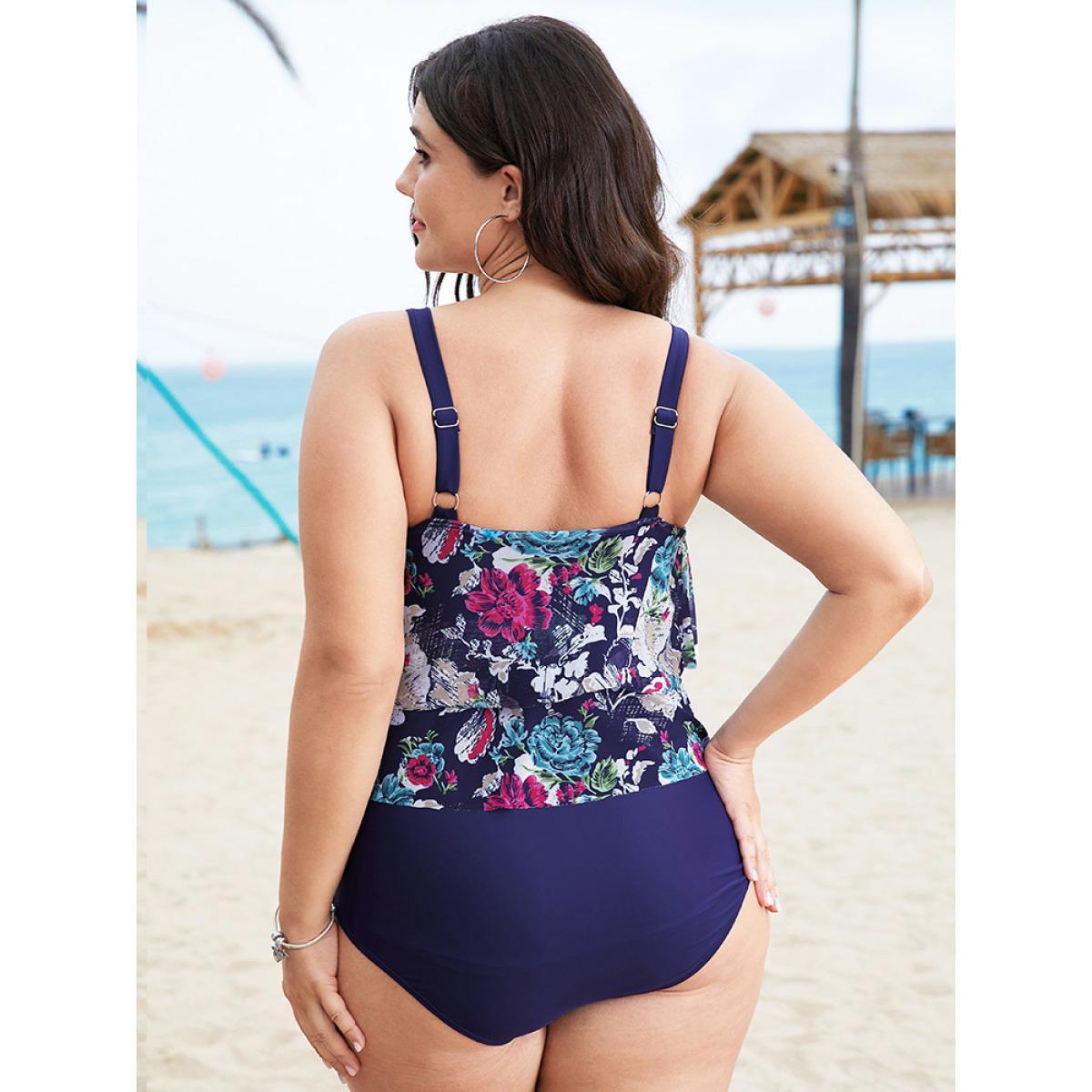 Plus Size Floral Print Asymmetrical Tiered Hem Ruffles One Piece Swimsuit Women's Swimwear DarkBlue Vacation Adjustable Straps Curve Bathing Suits High stretch One Pieces BloomChic 30/6X Product Image