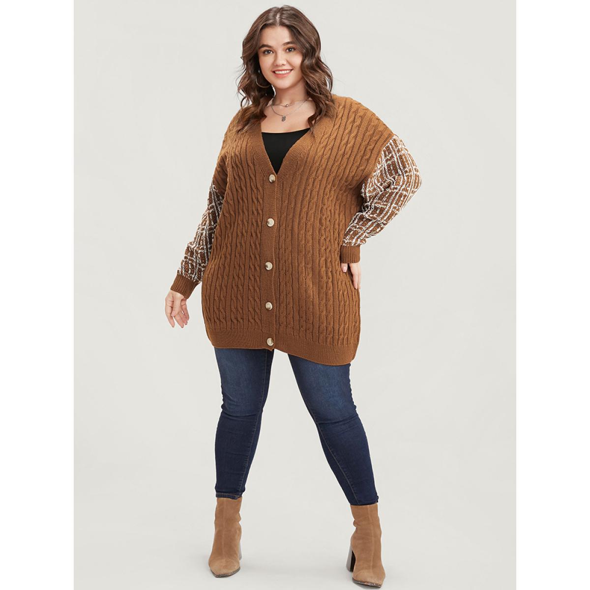 Plus Size Gingham Contrast Soft Sexy Yarn Knit Cable Knit Button Front Cardigan Bronze Women Casual Loose Long Sleeve Dailywear Cardigans BloomChic 18-20/2X Product Image