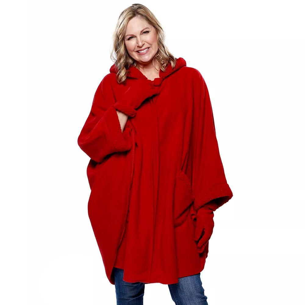 Women's Le Moda Knit Fleece Hooded Wrap with Sherpa Lining & Matching Gloves, Red Product Image