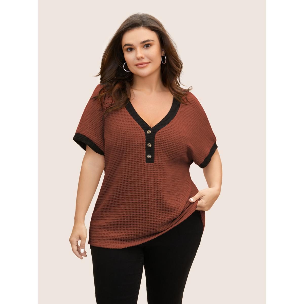 Plus Size V Neck Contrast Button Detail Knit T-shirt Rust Women Casual Texture V-neck Everyday T-shirts BloomChic 14-16/1X Product Image