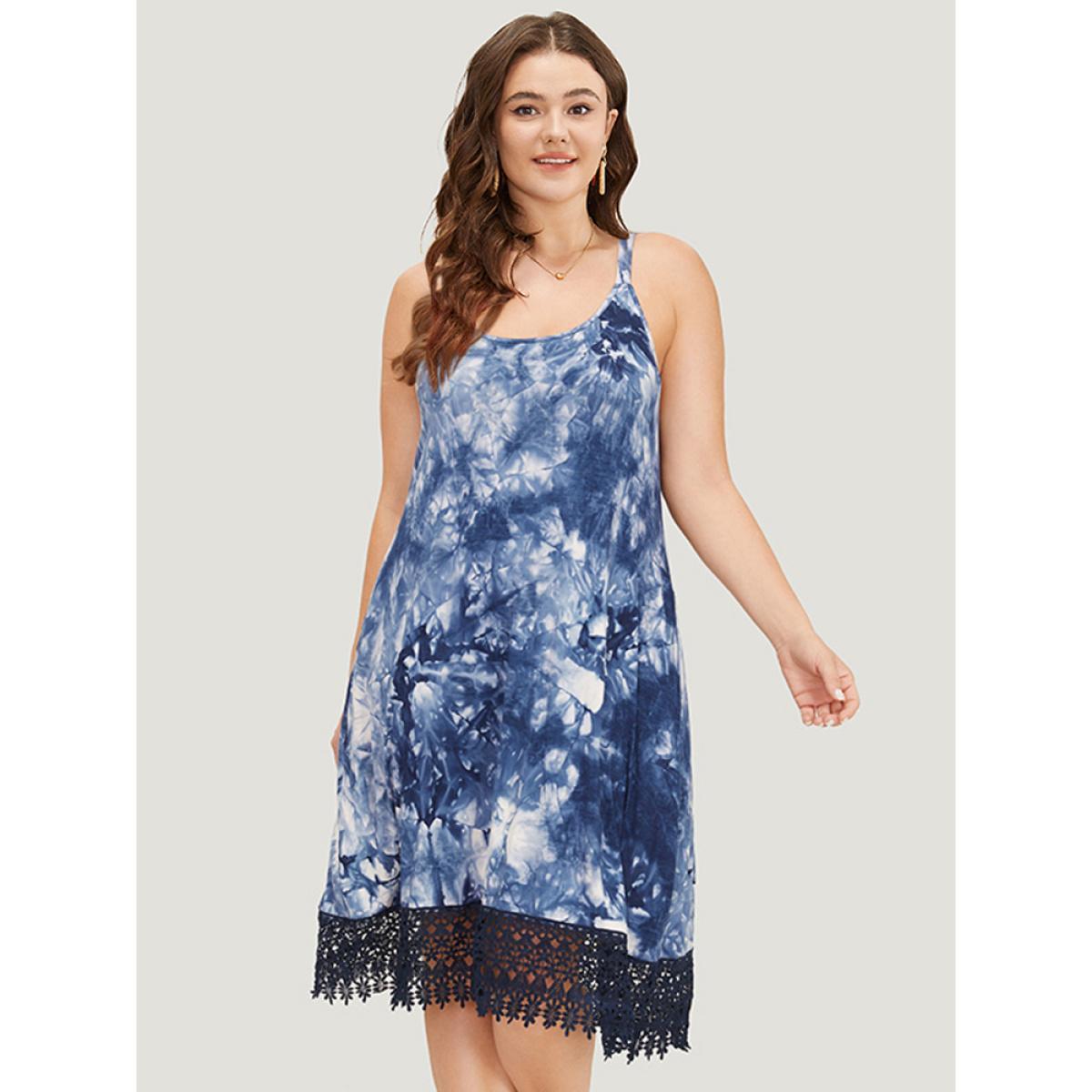 Plus Size Tie Dye Pocket Lace Hem Cami Dress Indigo Women Vacation Adjustable Straps Spaghetti Strap Sleeveless Curvy Midi Dress BloomChic 12/L Product Image