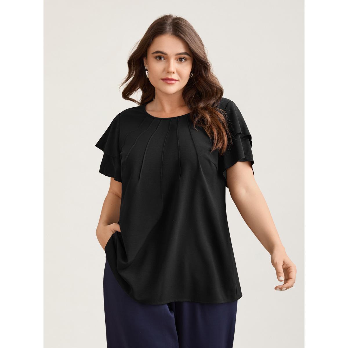 Plus Size Black Toothpick Pleat Layered Flutter Sleeve Blouse Women At the Office Short sleeve Round Neck Work Blouses BloomChic 22-24/3X Product Image