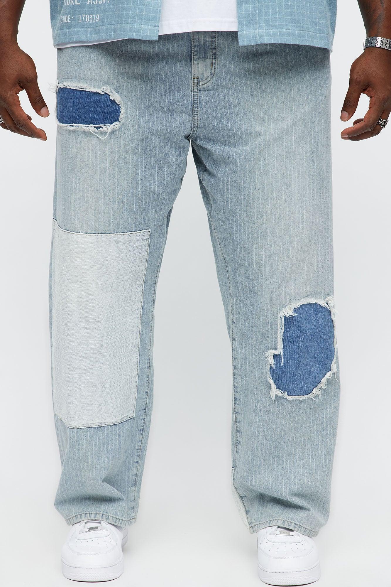 Baggy Contrast Distressed Jeans - Medium Blue Wash Product Image