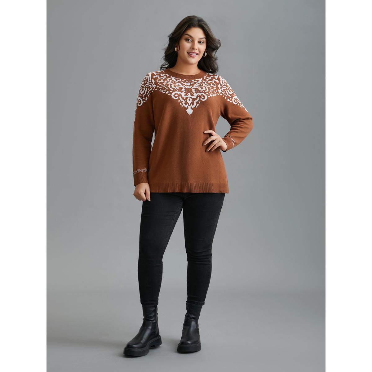 Plus Size Bandana Jacquard Pattern Round Neck Pullover Browncoffeecolor Women Casual Loose Long Sleeve Round Neck Everyday Pullovers BloomChic 28/5X Product Image