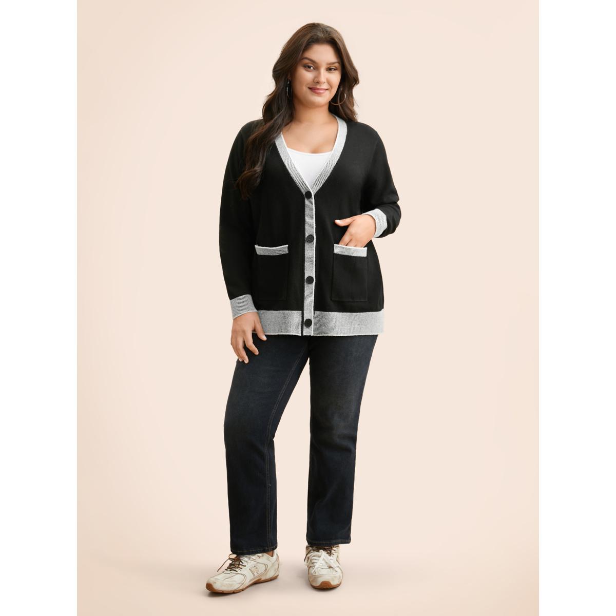 Plus Size Contrast Button Up Pocket Cardigan Black Women Casual Long Sleeve Everyday Cardigans BloomChic 22-24/3X Product Image