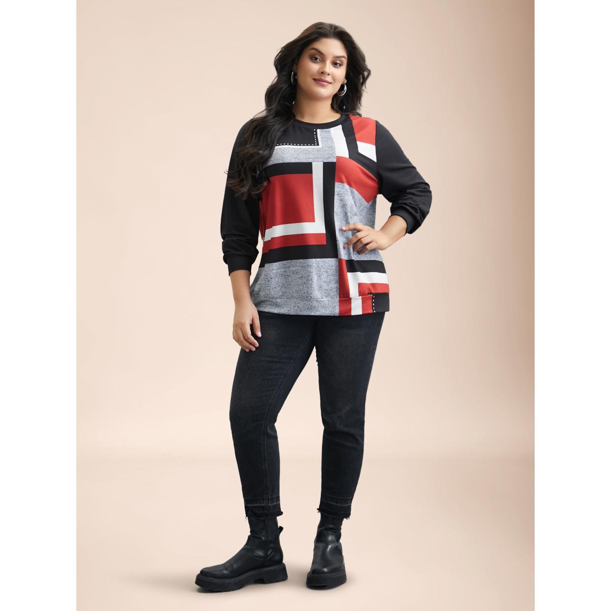 Plus Size Geometric Print Round Neck Fitted Sweatshirt Women Multicolor Casual Contrast Round Neck Everyday Sweatshirts BloomChic 22-24/3X Product Image