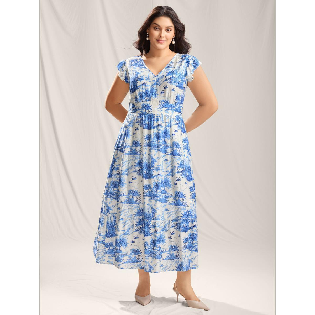 Plus Size Landscape Floral Print Cinched-Waist Maxi Dress Skyblue Women V-neck Cap Sleeve Curvy BloomChic 26/4X Product Image