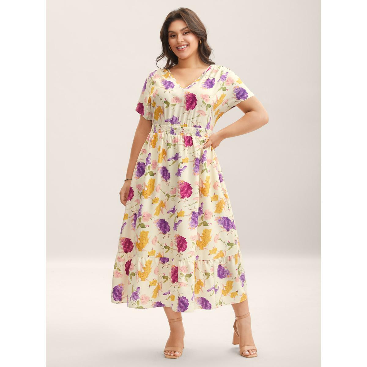 Plus Size Floral Fantasy Shirred Tiered Maxi Dress Beige Women V-neck Cap Sleeve Curvy BloomChic 28/5X Product Image