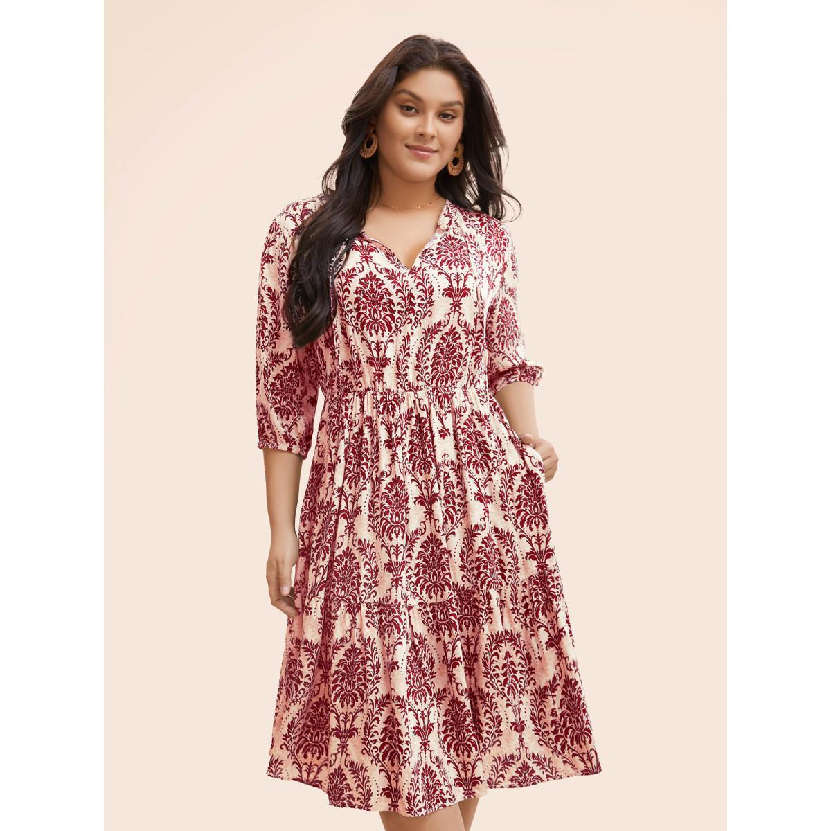 Plus Size Damask Print Tie Knot Puff Sleeve Dress Rust Women Resort Tie knot V-neck Elbow-length sleeve Curvy BloomChic 12/L Product Image