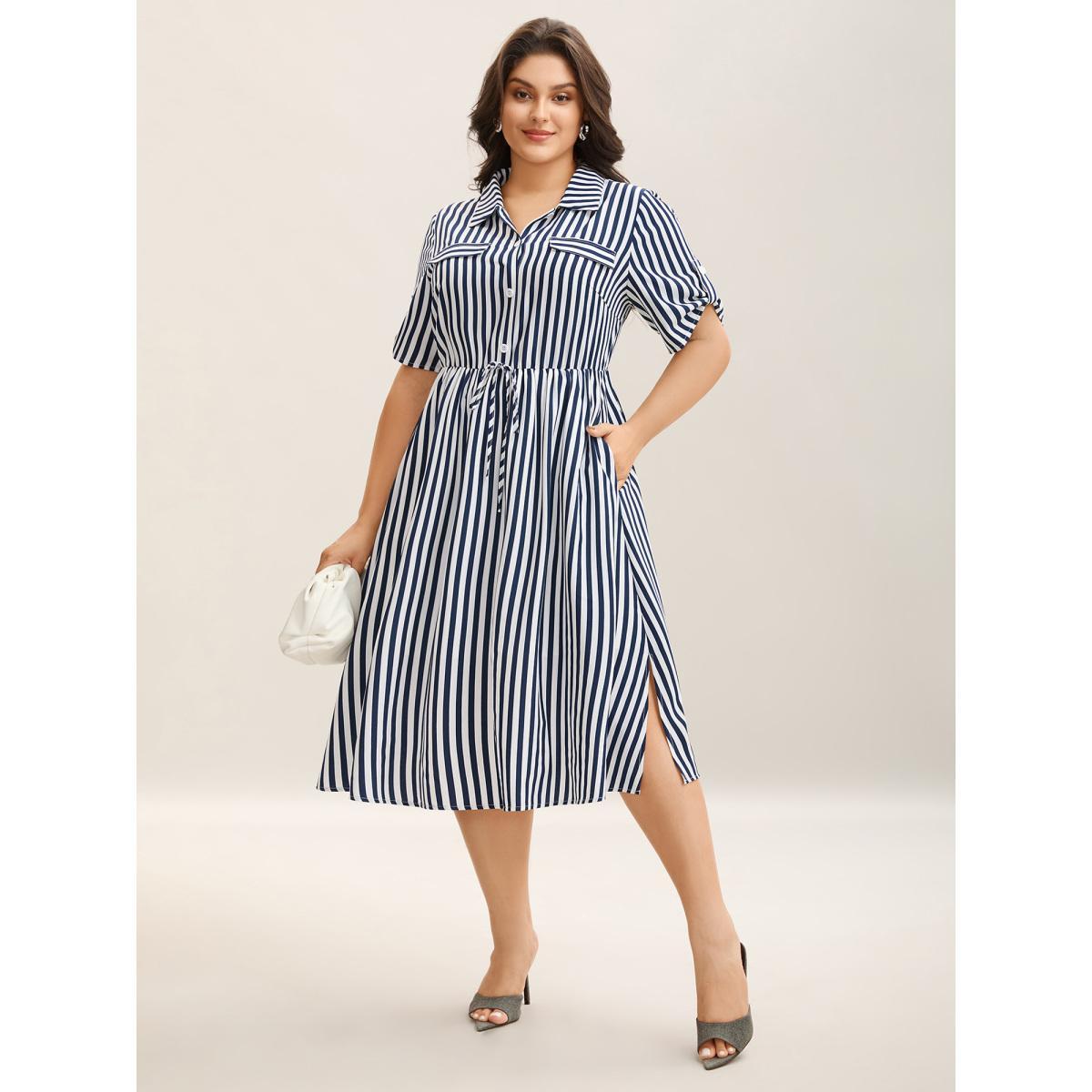 Plus Size Striped Print Waist-Tie Button Midi Dress Indigo Women Shirt collar Half Sleeve Curvy BloomChic 14-16/1X Product Image
