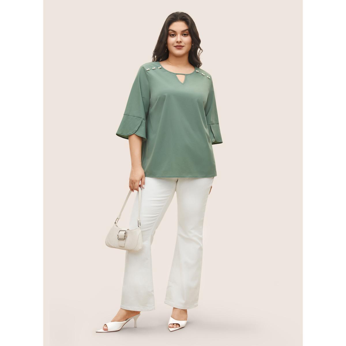 Plus Size Mint Stretchy Woven Keyhole Pearl Beaded Ruffle Sleeve Blouse Women At the Office Elbow-length sleeve Round Neck Work Blouses BloomChic 22-24/3X Product Image