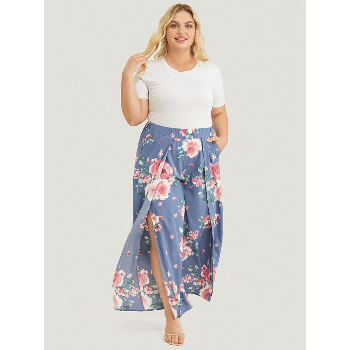 Plus Size Floral Print Pocket Split Wide Leg Pants Women Blue Elegant Mid Rise Dailywear Pants BloomChic 28/5X Product Image