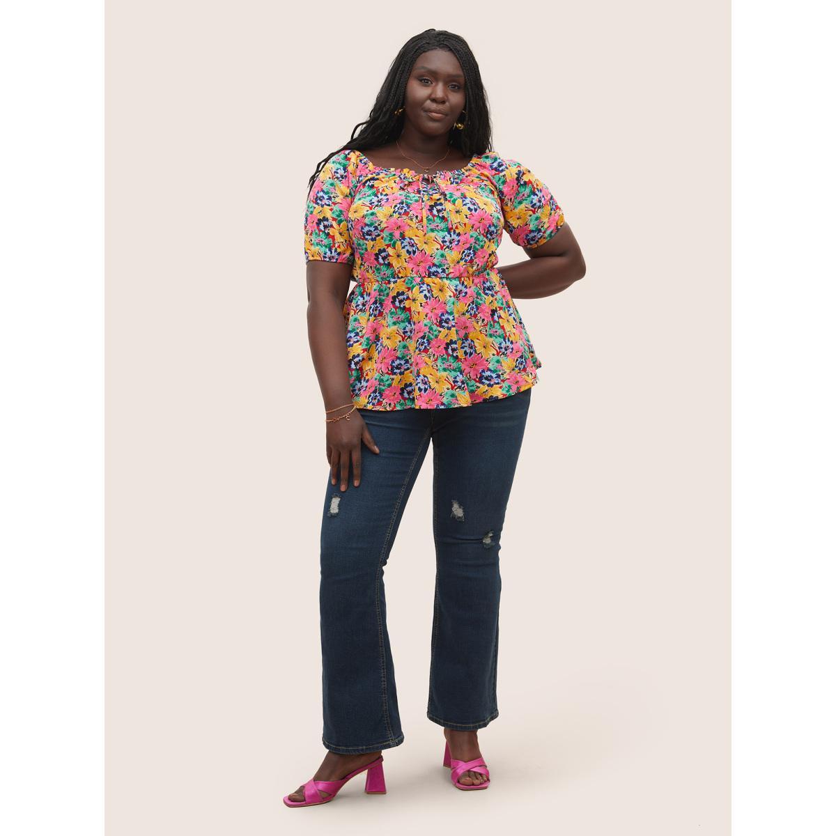 Plus Size Red Floral Elastic Waist Ties Lantern Sleeve Blouse Women Elegant Short sleeve Square Neck Everyday Blouses BloomChic 28/5X Product Image