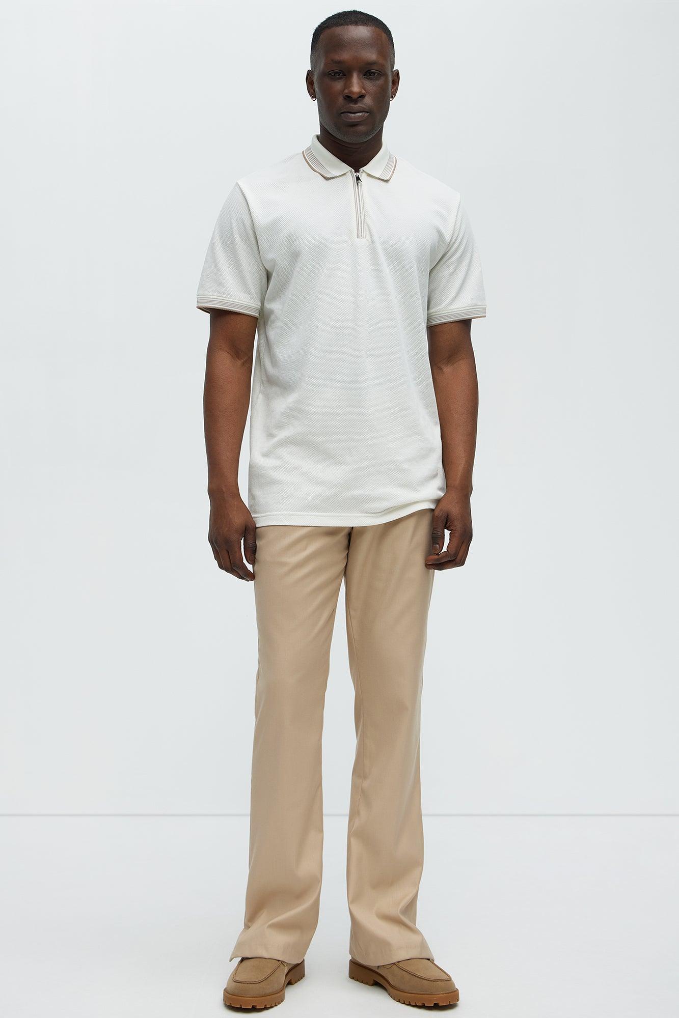 Striped Zip Collar Textured Polo - Off White Product Image