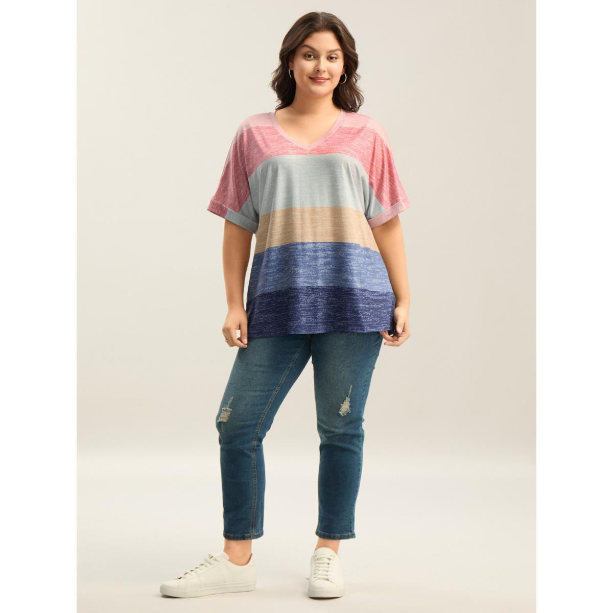 Plus Size Multi-Color Summer Stripes T-Shirt Beanpastepowder Women Casual Contrast V-neck Everyday-Casual T-shirts BloomChic 18-20/2X Product Image