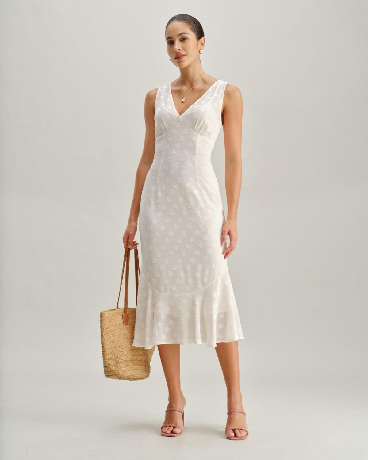 Beige Polka Dot V-Neck Midi Dress Product Image