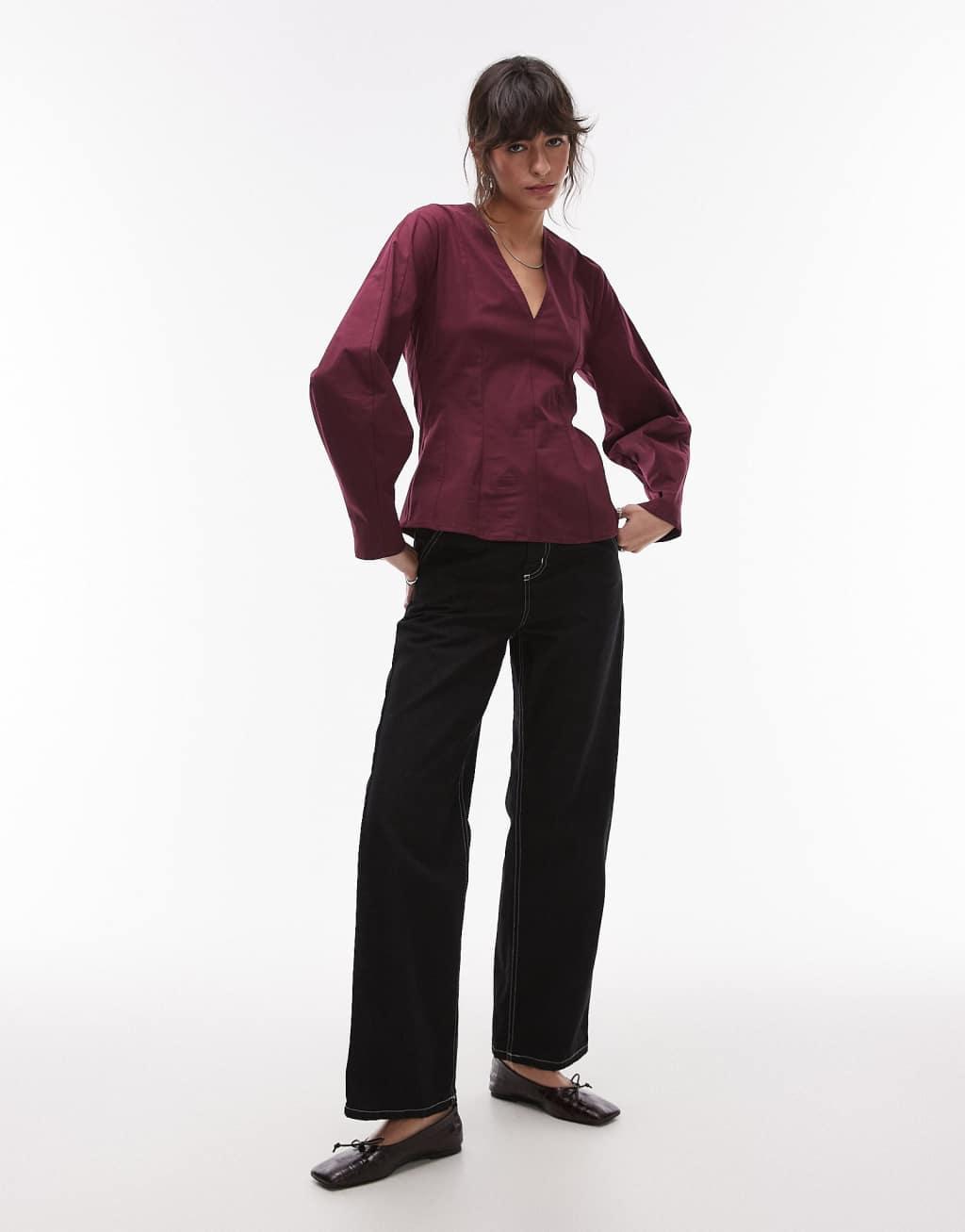 Topshop v neck cotton waisted long sleeve top in burgundy Product Image
