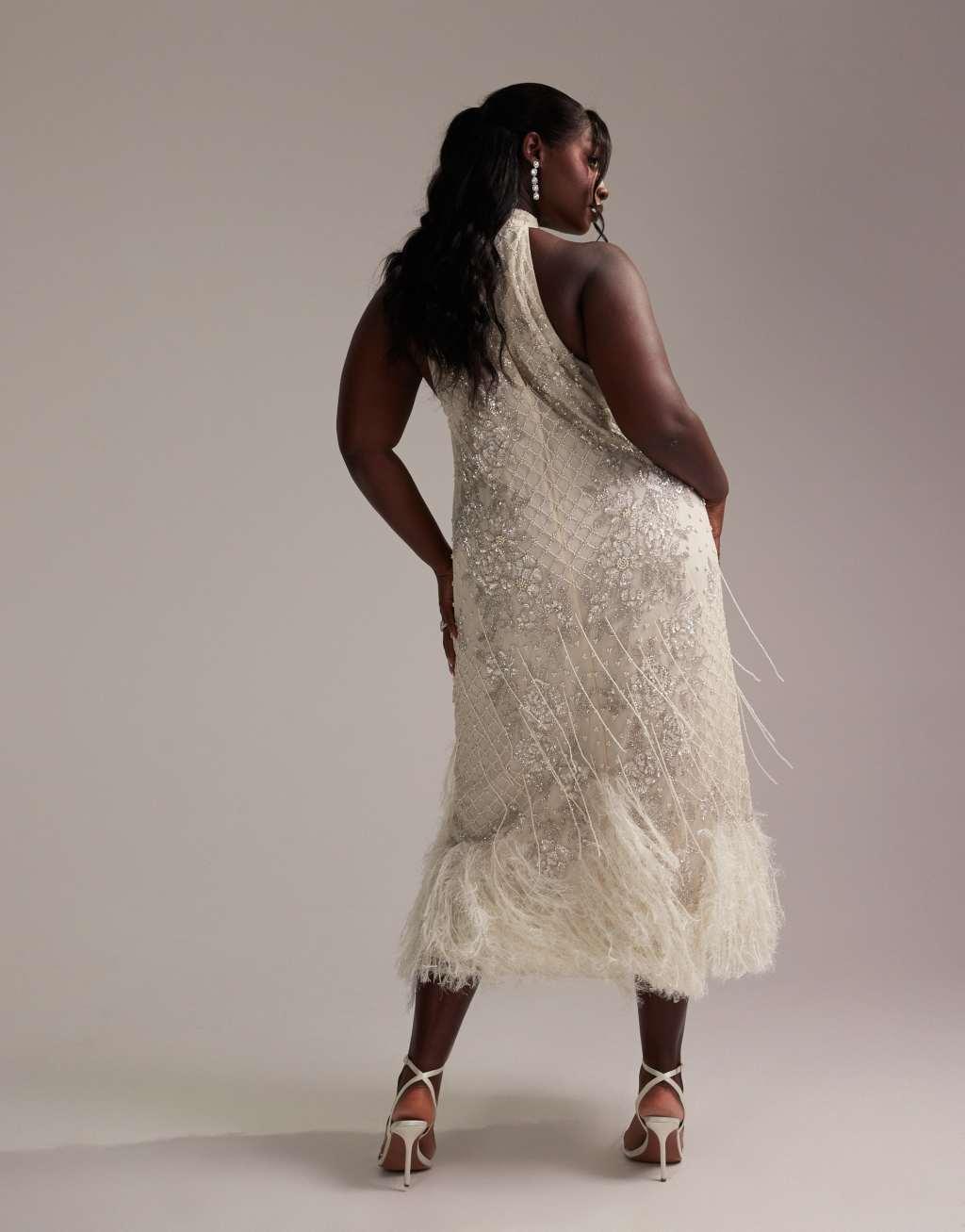 ASOS DESIGN Curve floral embellished halter maxi wedding dress with fringe hem Product Image