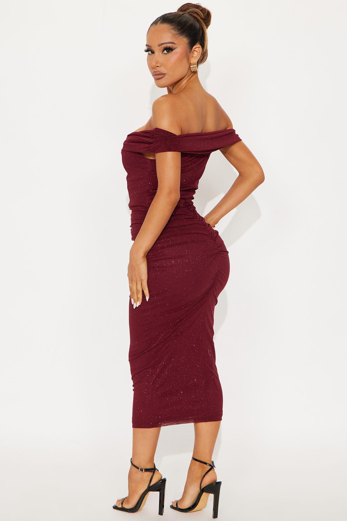 Jackie Glitter Mesh Ruched Midi Dress - Wine Product Image