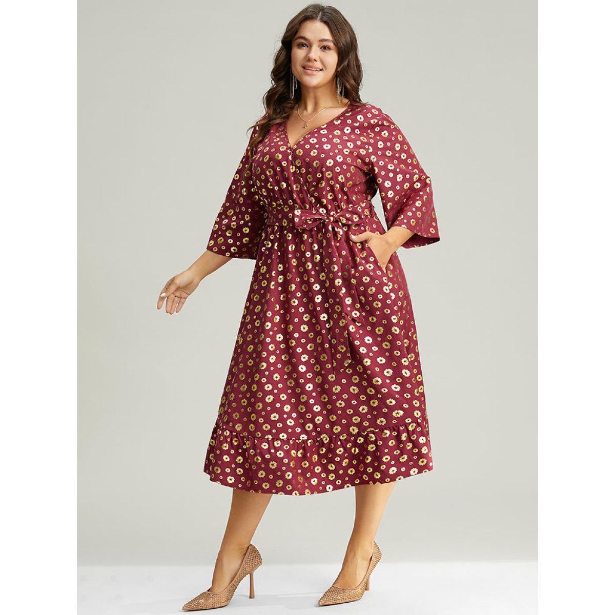 Plus Size Colorblock Glitter Bowknot Belted Pocket Dress Scarlet Women Party Wrap Overlap Collar Elbow-length sleeve Curvy Midi Dress BloomChic 22-24/3X Product Image