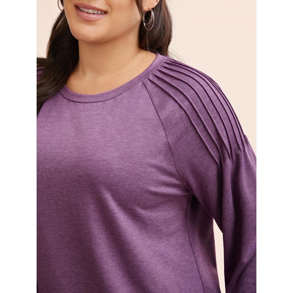 Plus Size Solid Heather Raglan Sleeve Pleated Sweatshirt Women Deeppurplered Casual Pleated Round Neck Everyday Sweatshirts BloomChic 30/6X Product Image