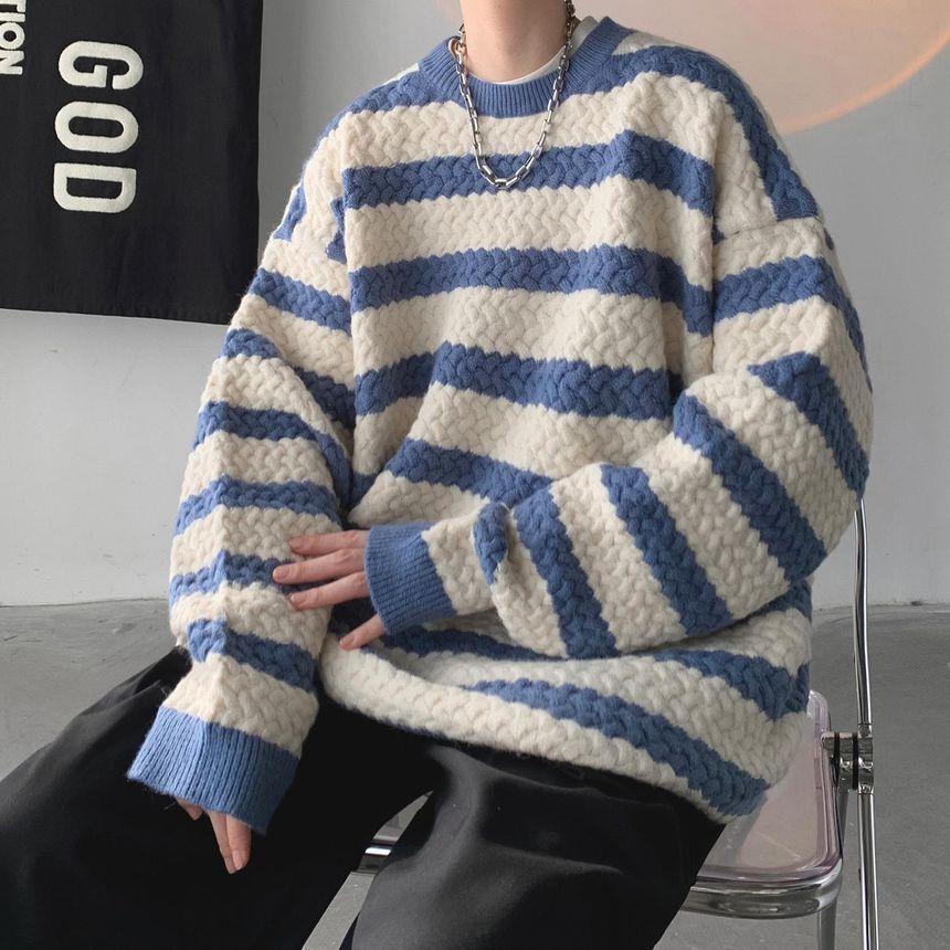 Crewneck Striped Ribbed Loose-Fit Sweater Product Image