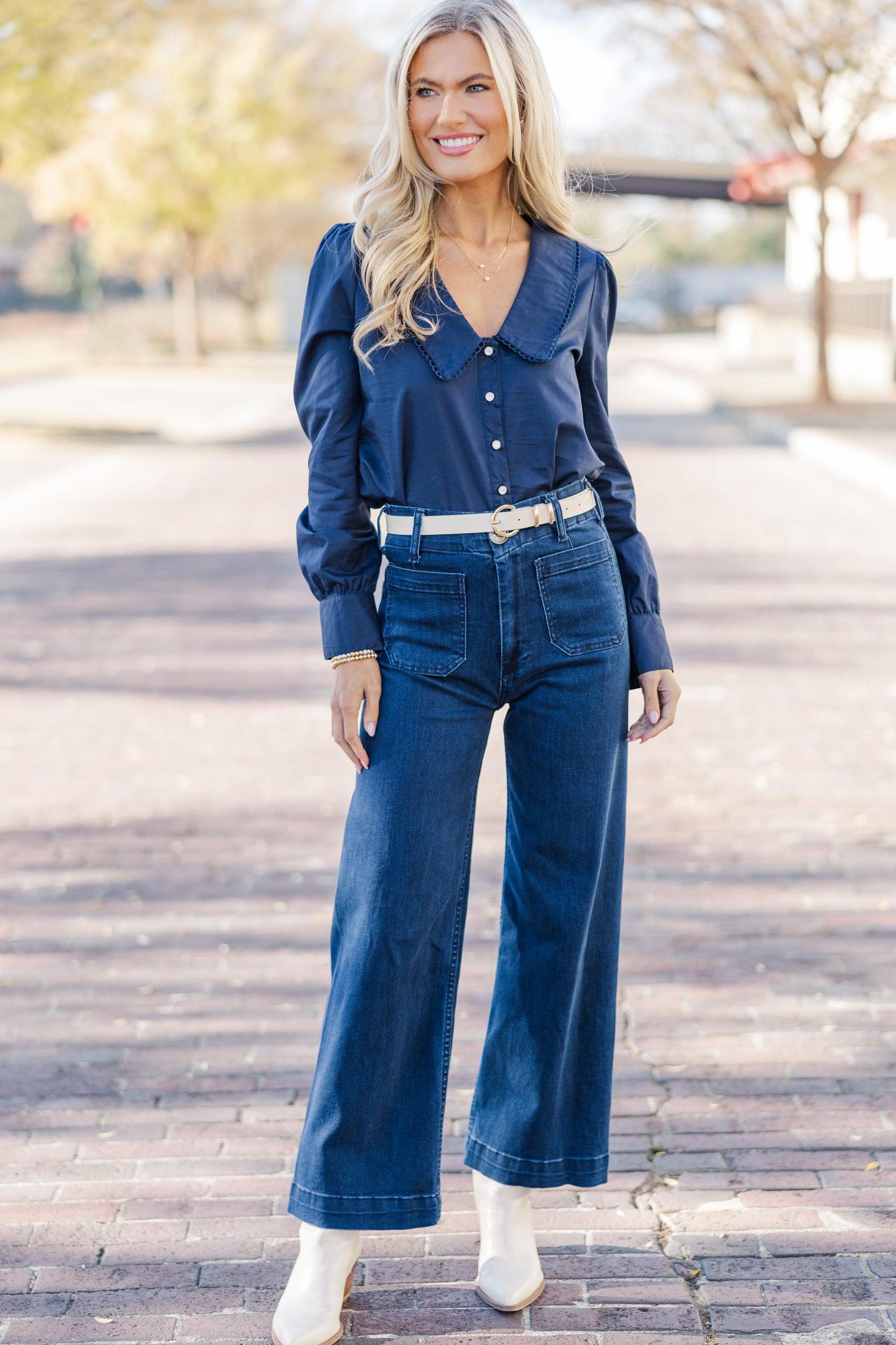 Just For You Navy Blue Long Collared Blouse Female Product Image