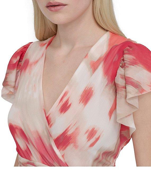 DKNY by Donna Karan Woven Abstract Print V Neck Short Flutter Sleeve Waist Tie A-Line Maxi Dress Product Image