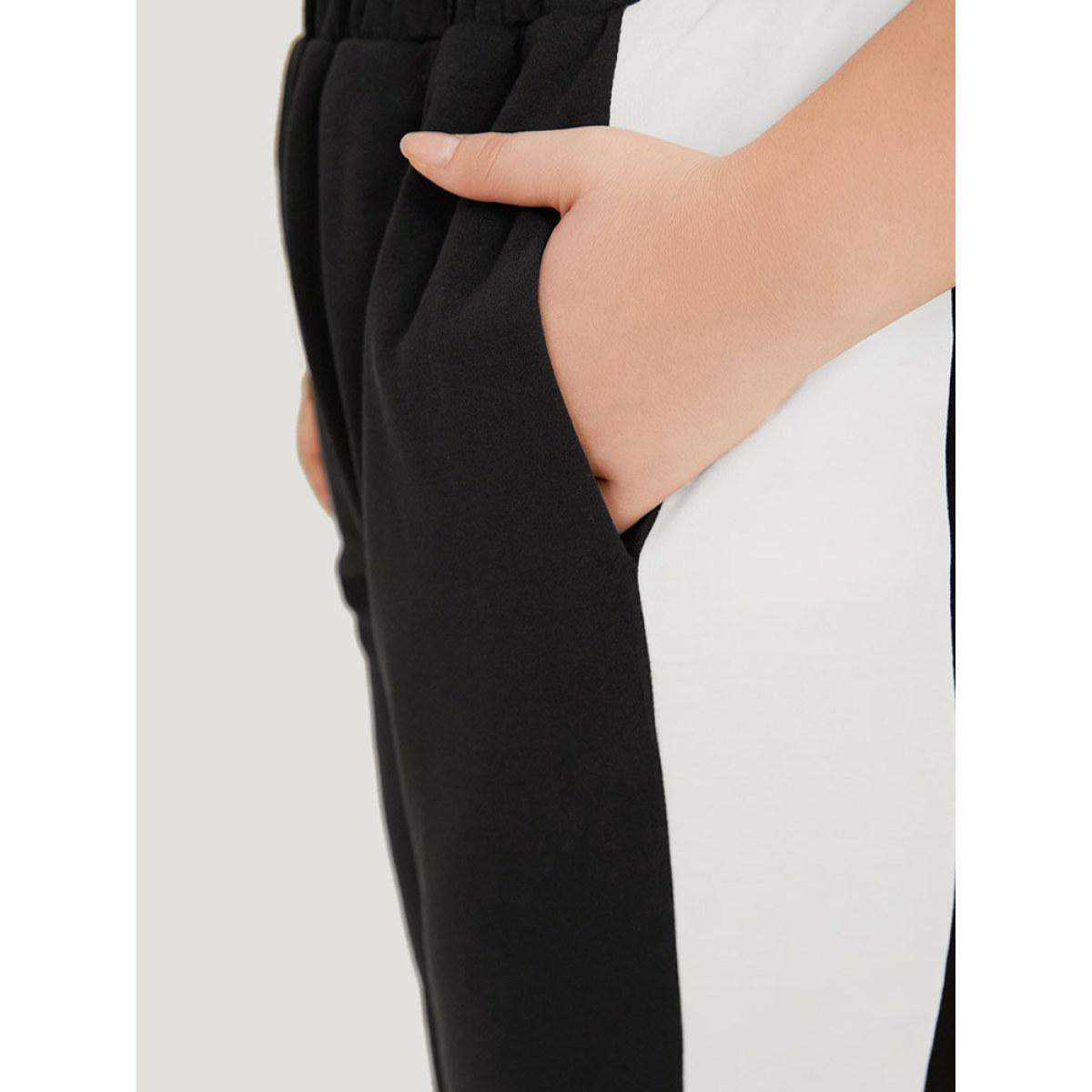 Contrast Patchwork Pocket Elastic Waist Carrot Sweatpants Black Plus Size Women Casual Dailywear Contrast 10/M Bloomchic Product Image