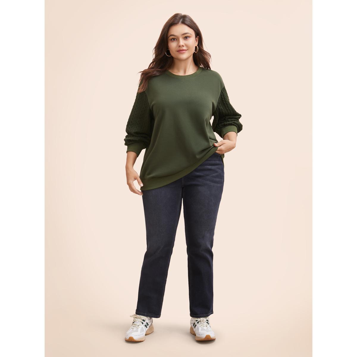 Plus Size Texture Patchwork Drop Shoulder Sleeve Sweatshirt Women DarkGreen Casual Texture Round Neck Everyday Sweatshirts BloomChic 26/4X Product Image