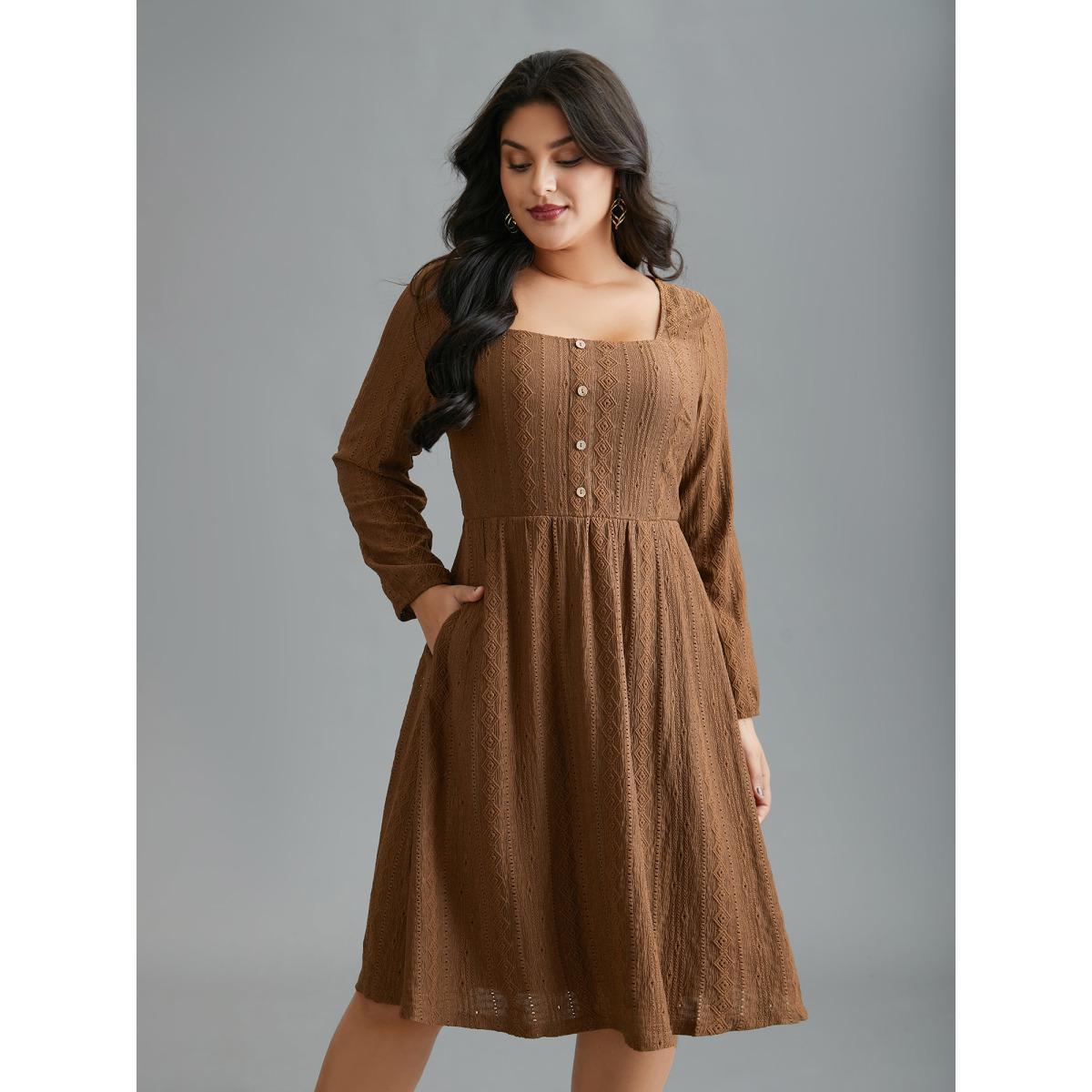 Plus Size Textured Button Detail Square Neck Knit Dress Browncoffeecolor Women Elegant Texture Knit Dresses Bloomchic 10/M Product Image