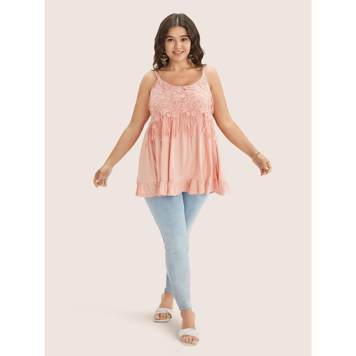 Plus Size Plain Contrast Lace Ruffle Hem Cami Top Women Crepe Elegant Non Everyday Tank Tops Camis BloomChic 22-24/3X Product Image