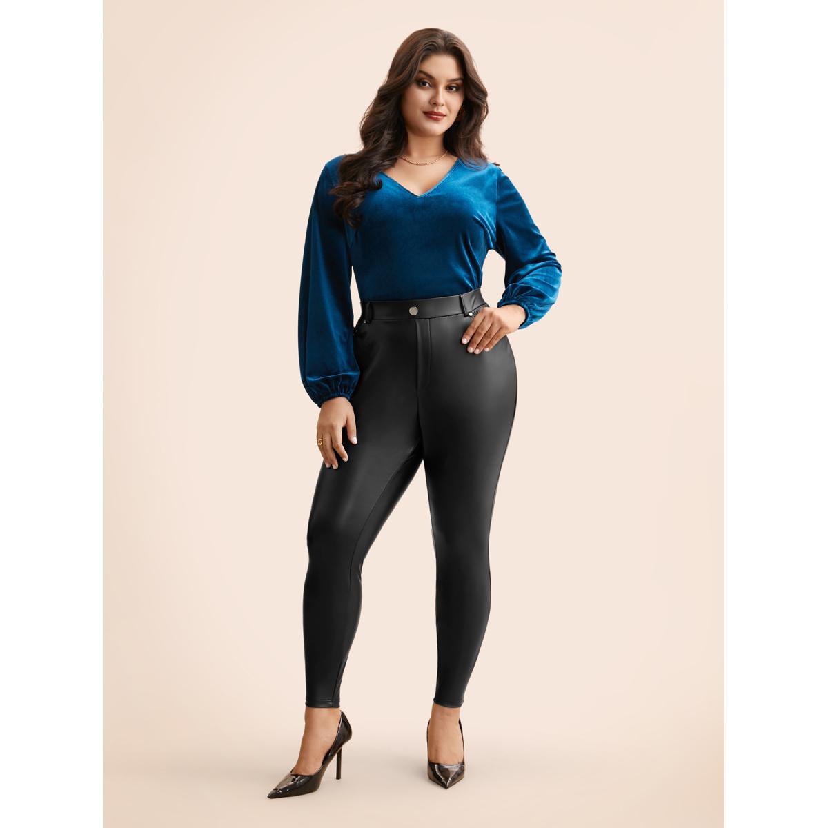 Plus Size PU Leather Button Detail Mid Rise Pants Women Black Casual Skinny Mid Rise Everyday Pants BloomChic 30/6X Product Image