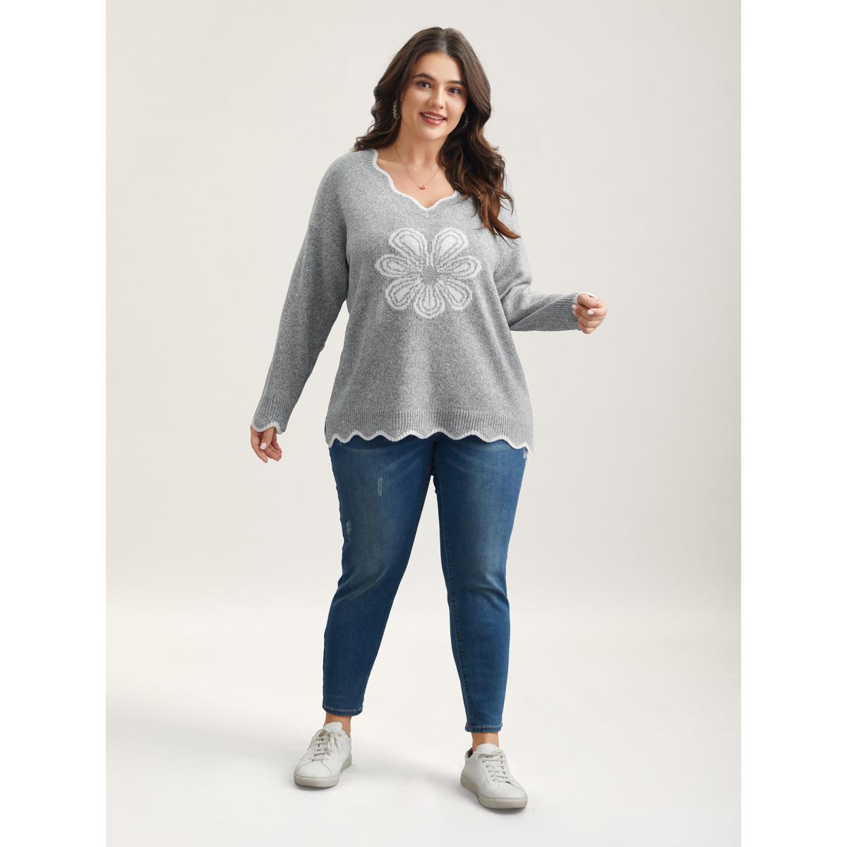 Plus Size Floral Print Jacquard V-Neck Pullover DarkGray Women Casual Loose Long Sleeve V-neck Everyday Pullovers BloomChic 28/5X Product Image