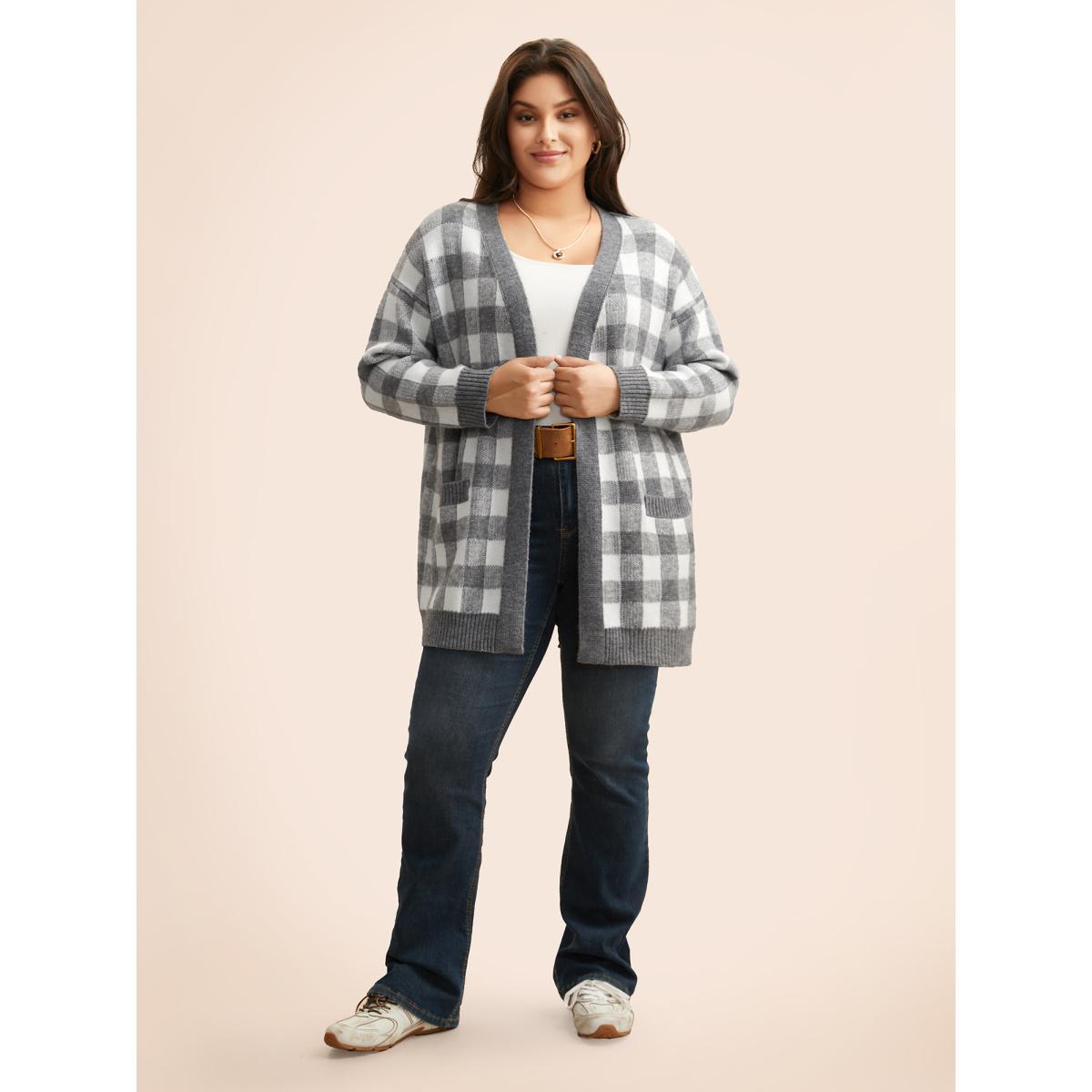 Plus Size Supersoft Essentials Plaid Drop Shoulder Cardigan DimGray Women Casual Loose Long Sleeve Everyday Cardigans BloomChic 28/5X Product Image