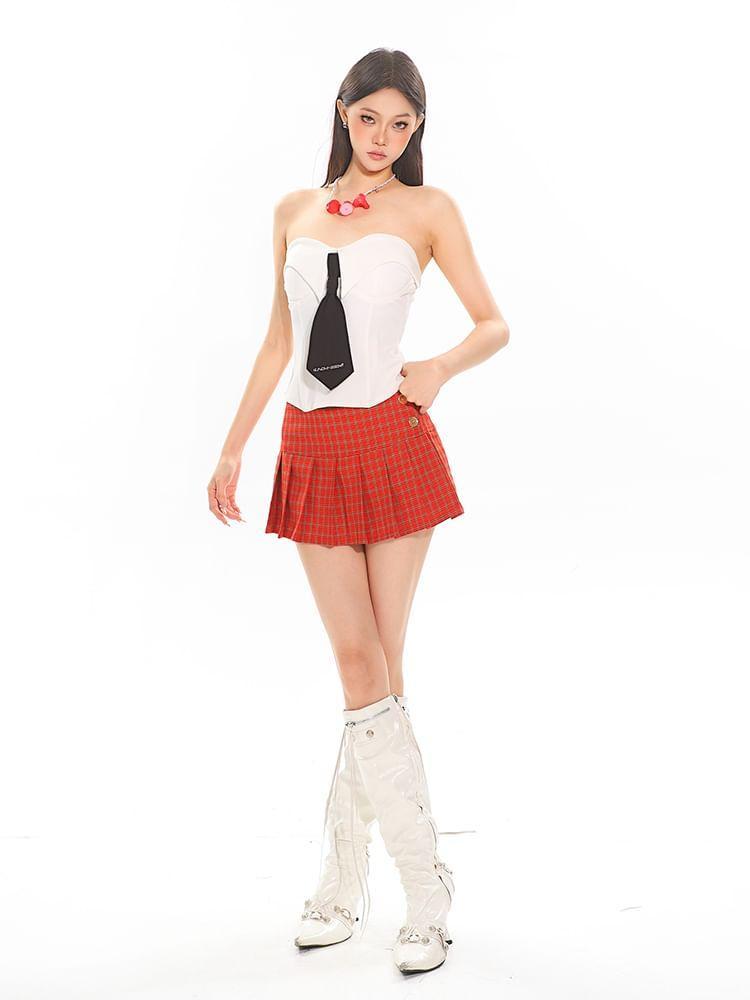 Mid Rise Plaid Pleated Mini A-Line Skirt Product Image