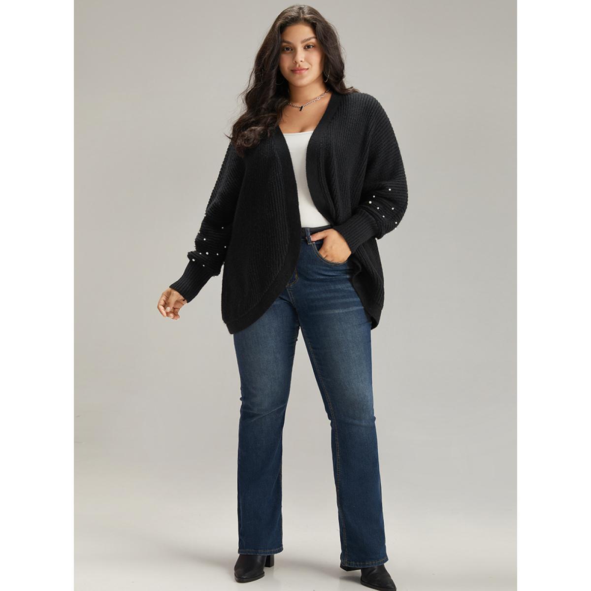 Plus Size Patchwork Pearl Beaded Curved Hem Cardigan Black Women Casual Loose Long Sleeve Dailywear Cardigans BloomChic 30/6X Product Image