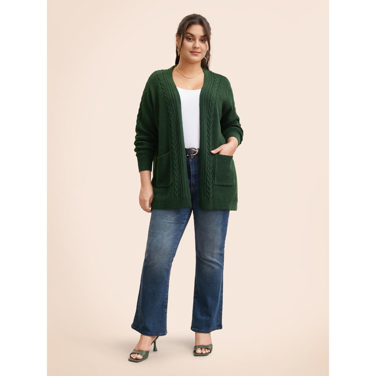 Plus Size Texture Cable Knit Patch Pocket Cardigan DarkGreen Women Casual Loose Long Sleeve Everyday Cardigans BloomChic 14-16/1X Product Image