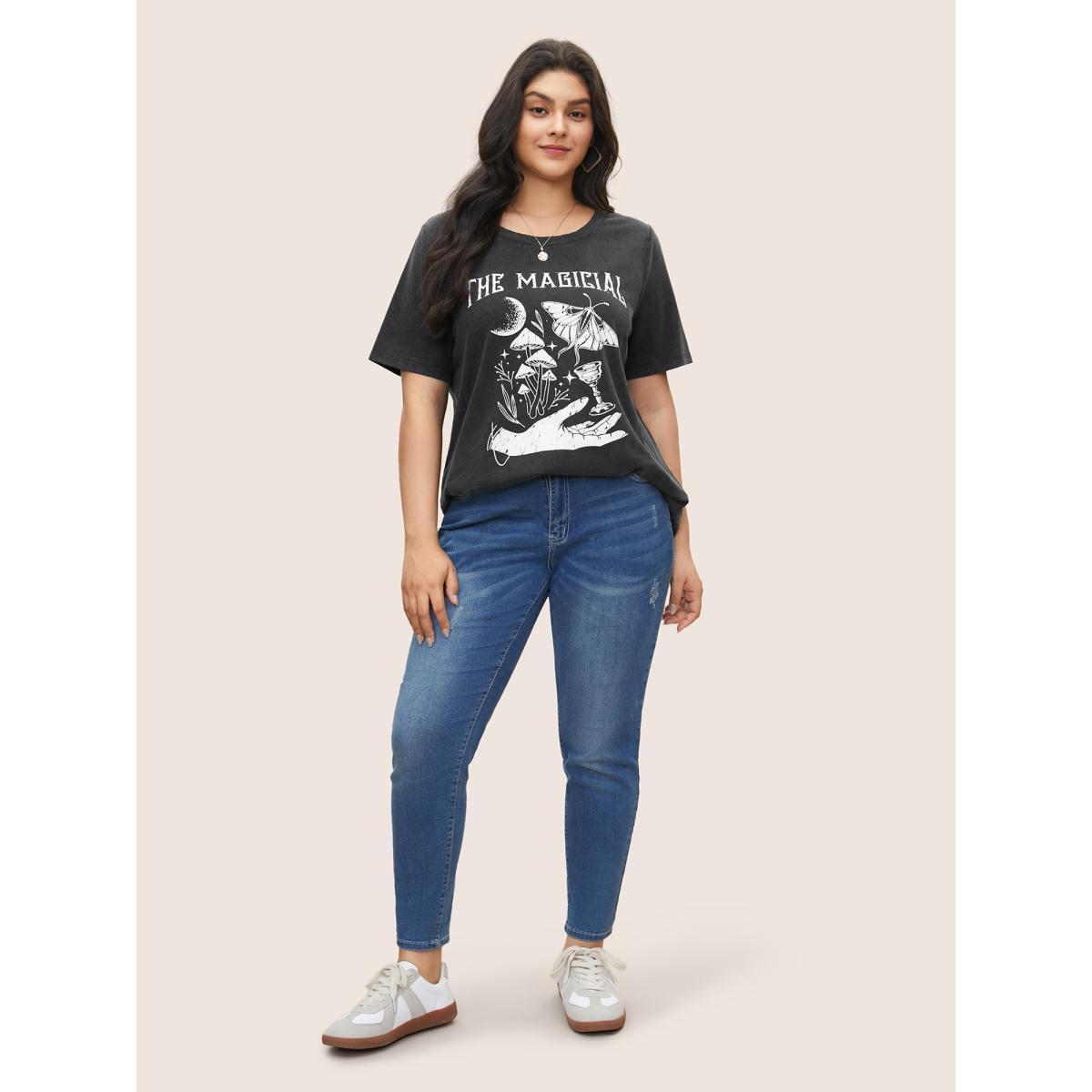 Plus Size Horoscope Print Vintage Round Neck T-shirt Black Women Casual Non Tarot elements Everyday T-shirts BloomChic 30/6X Product Image