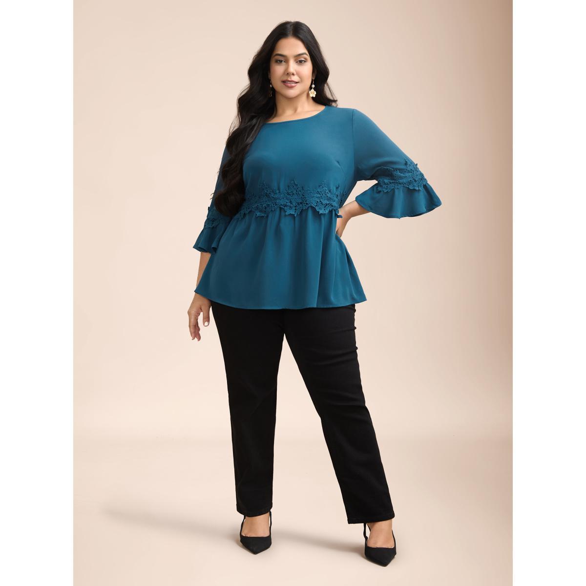 Plus Size Aegean Lace Detail Ruffled Round Neck Blouse Women Elegant Elbow-length sleeve Round Neck Everyday Blouses BloomChic 18-20/2X Product Image