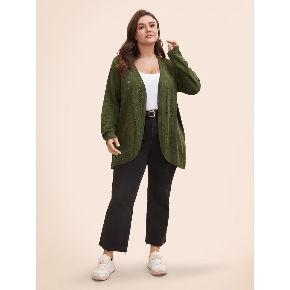Plus Size Solid Textured Curved Hem Cardigan ArmyGreen Women Casual Loose Long Sleeve Everyday Cardigans BloomChic 12/L Product Image