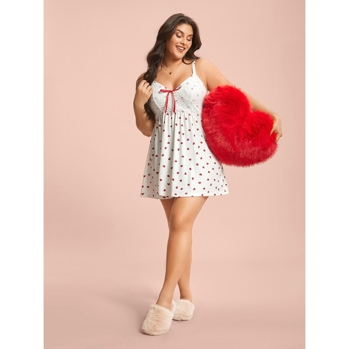 Plus Size Bow Lace Heart Print Lounge Dress Women Originalwhite Lounge Woven ribbon&lace trim V-neck Loungewear BloomChic 30/6X Product Image