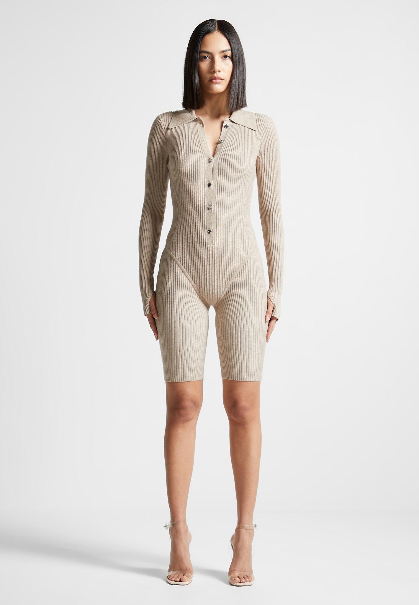Ribbed Knit Long Sleeve Playsuit - Beige Female Product Image