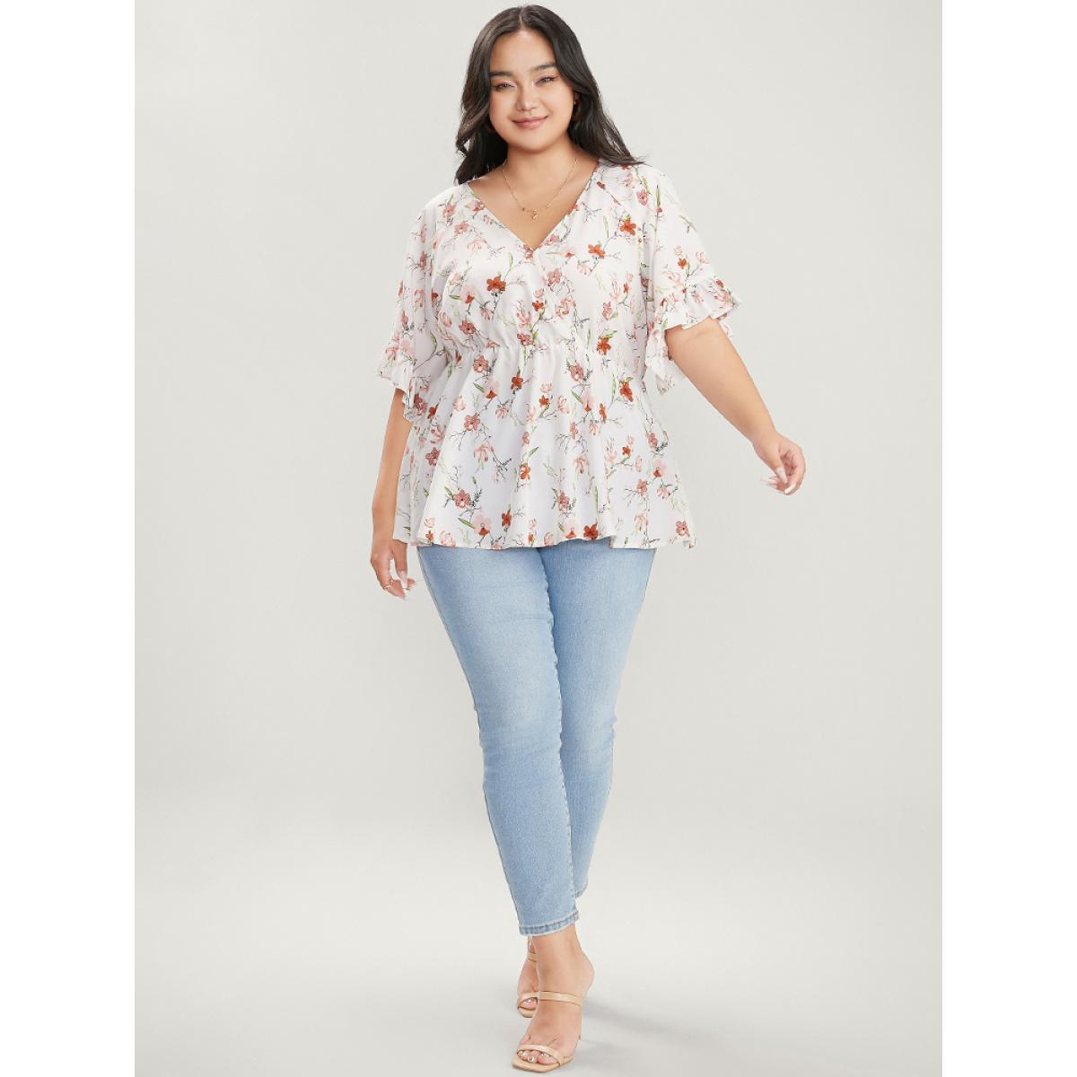 Plus Size White Floral Print Ruffles Flounce Sleeve Surplice Neck Blouse Women Elegant Short sleeve V-neck Dailywear Blouses BloomChic 10/M Product Image