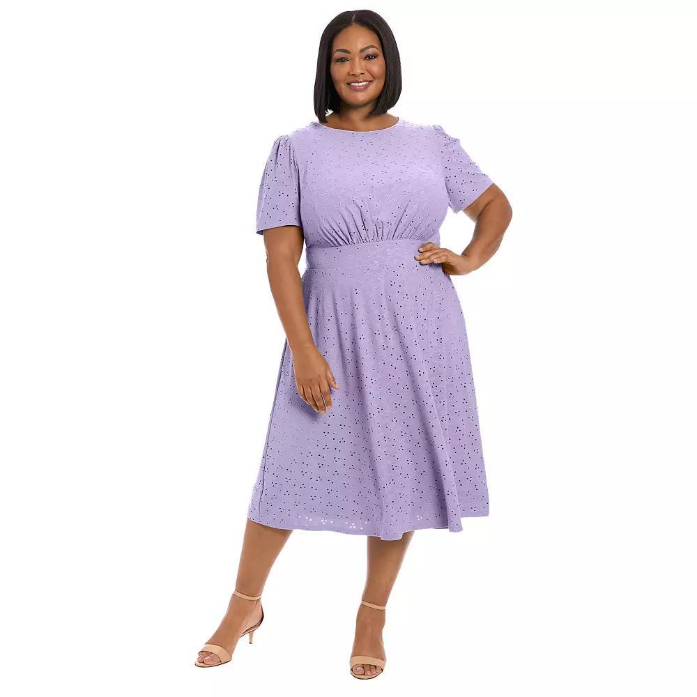 Plus Size London Times Short Sleeve Eyelet Inset Waist Midi, Women's, Size: 14 W, Purple Tulip Product Image