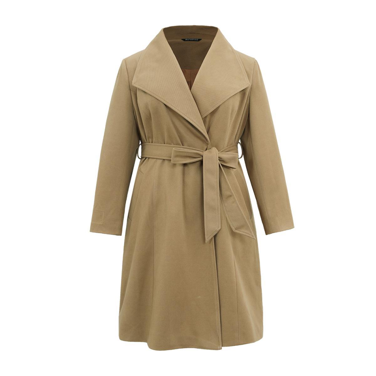Plus Size Plain Pocket Belted Lapel Collar Tunic Coat Women Bronze Elegant Lined Ladies Dailywear Winter Coats BloomChic 26/4X Product Image