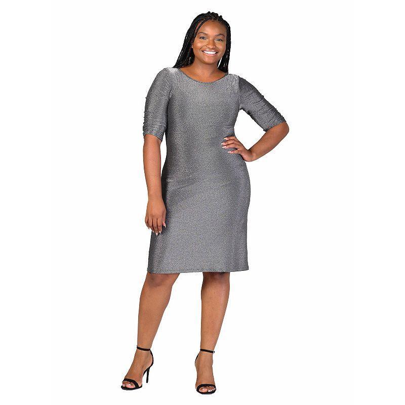 Plus Size 24Seven Comfort Apparel Elbow Length Sleeve Shimmer Bodycon Mini Party Dress, Women's, Size: 3XL, Gold Product Image