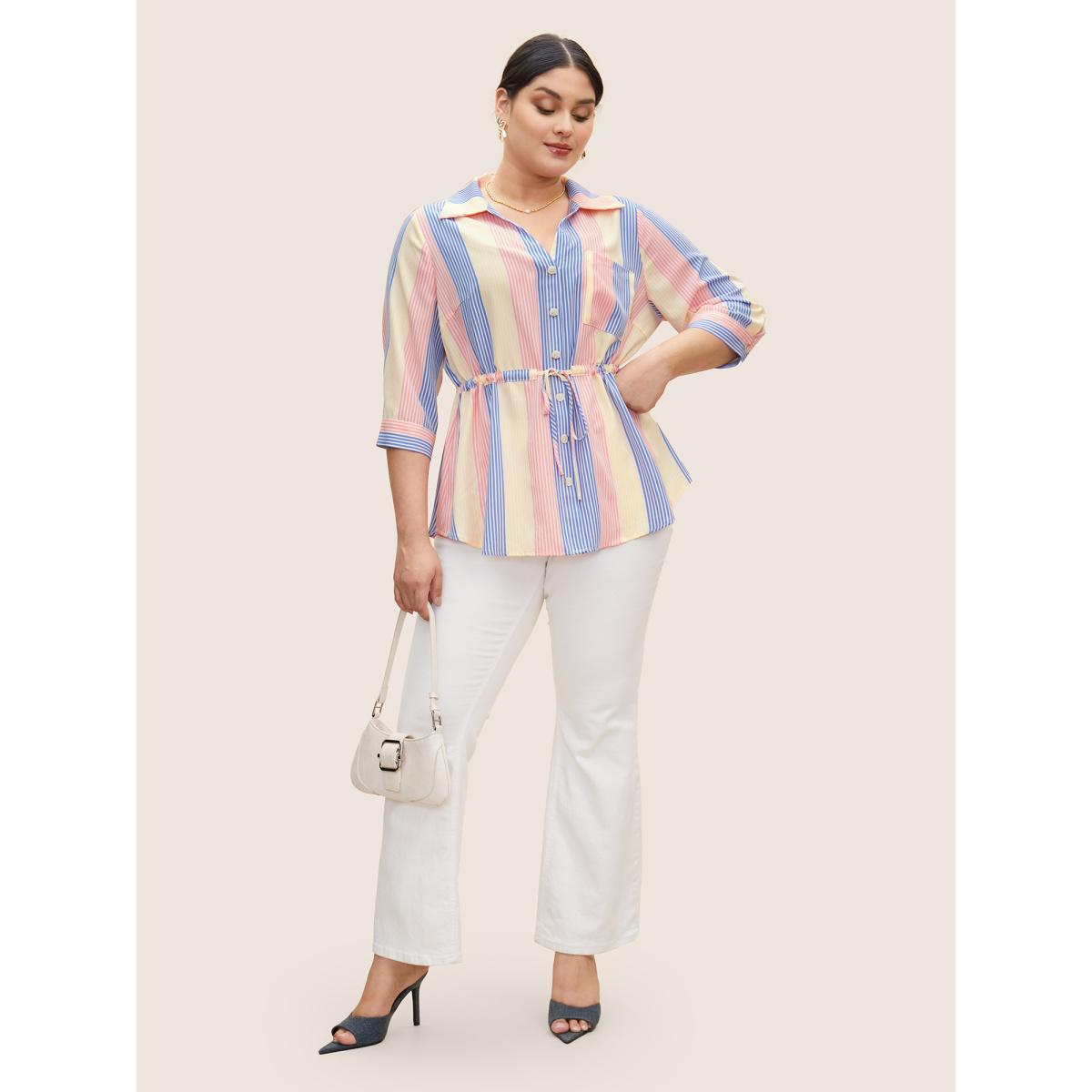 Plus Size Multicolor Contrast Striped Drawstring Patched Pocket Blouse Women Casual Elbow-length sleeve Shirt collar Everyday Blouses BloomChic 14-16/1X Product Image